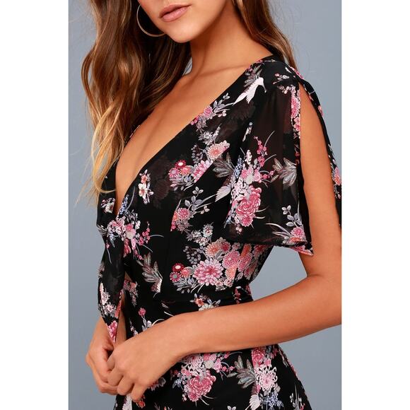 EUC Lulus Wings of Love‎ Black Pink Floral Print Tie Front Maxi Dress Size Small - Picture 2 of 16